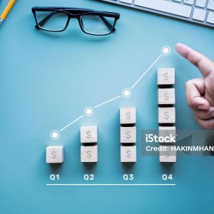 Profit or business Income growing up concepts with graph.dollar money exchange.budget in 4 quarter. investment success.stock market set new high